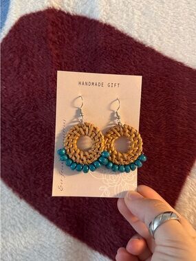 Handmade Turquoise Bead & Woven Rattan Hoop Earrings